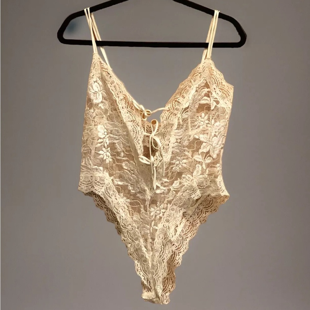 Vintage Victoria's Secret Bride Gold Label Floral Lace Up Teddy Bodysuit